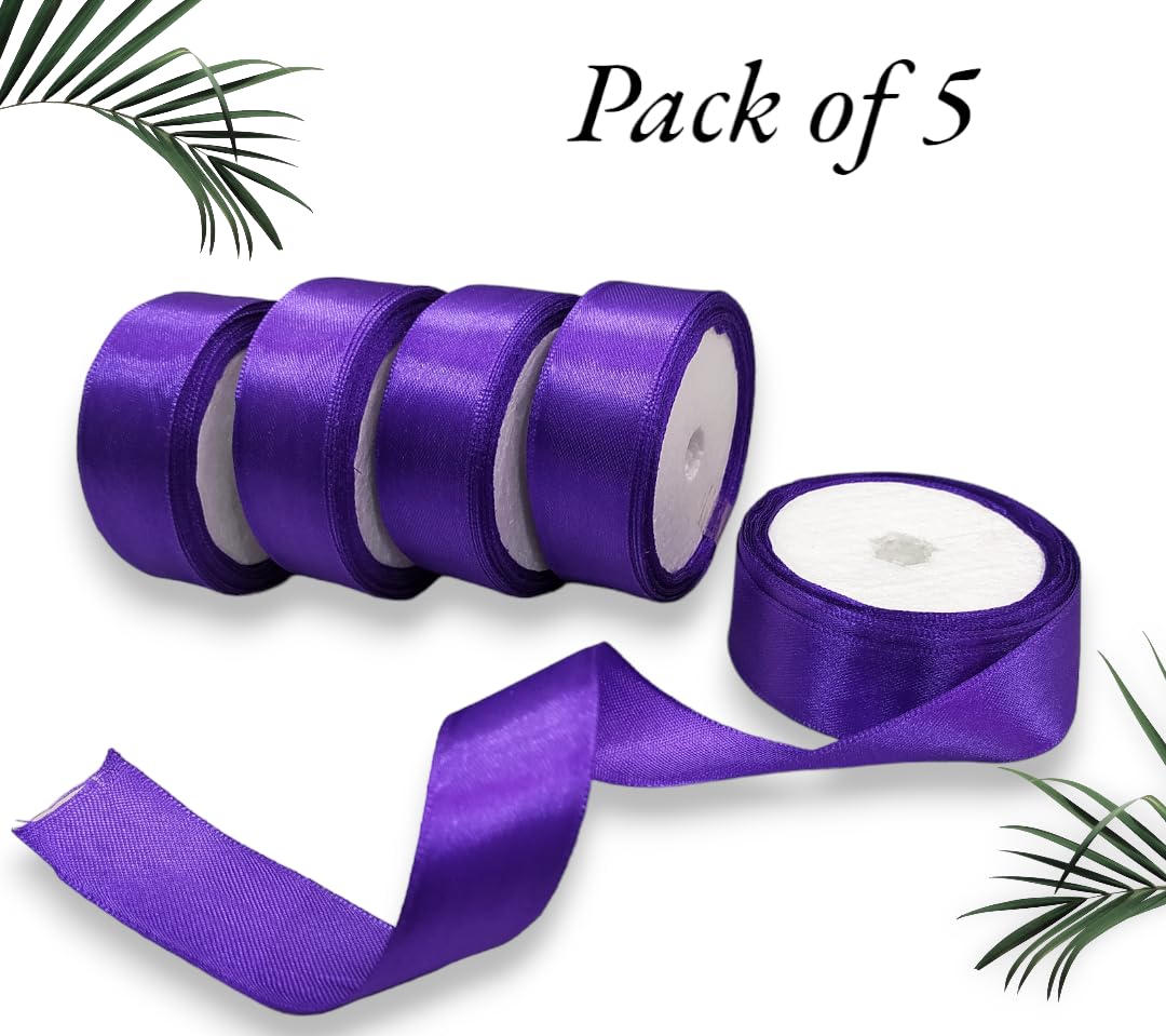 Satin Ribbon 1 Inch Roll Set (Pack of 5, Purple) โ 10 Meter Each
