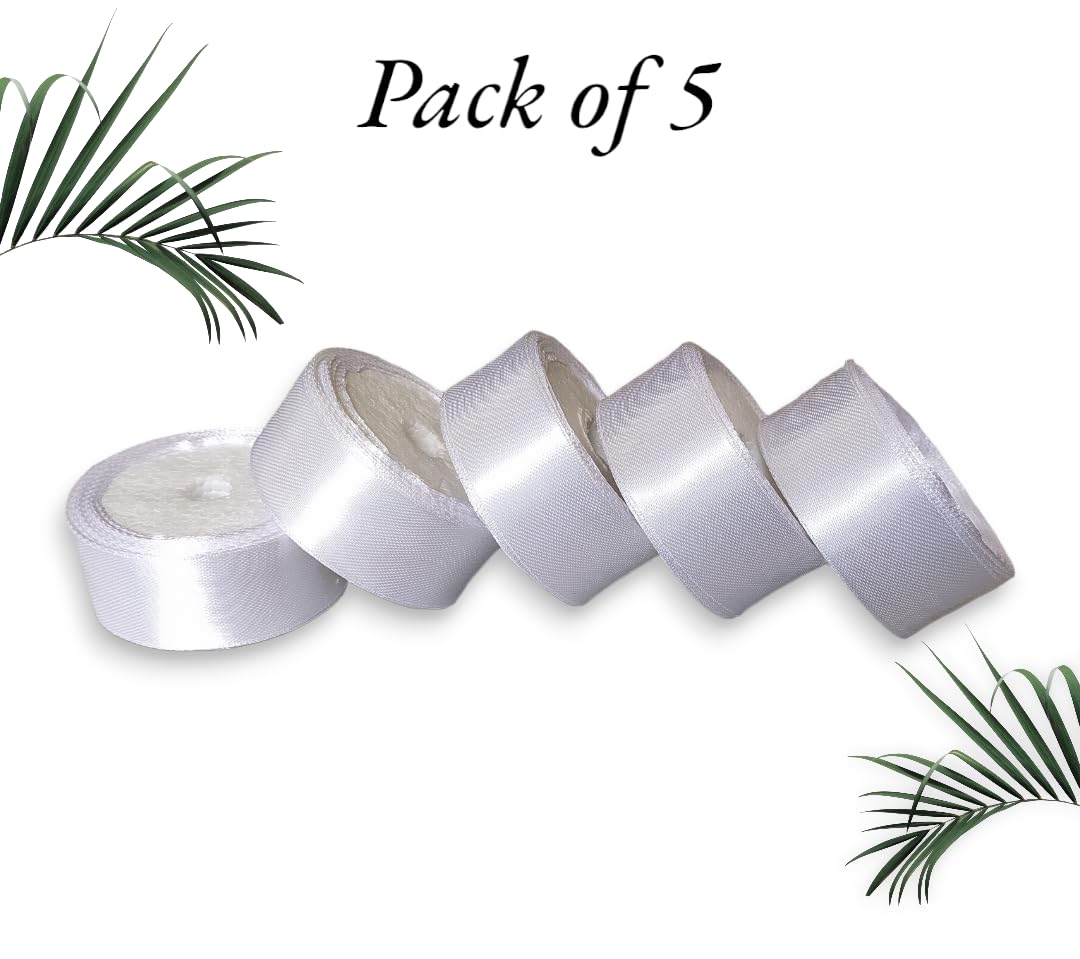 Satin Ribbon 1 Inch Roll Set (Pack of 5, White) โ 10 Meter Each