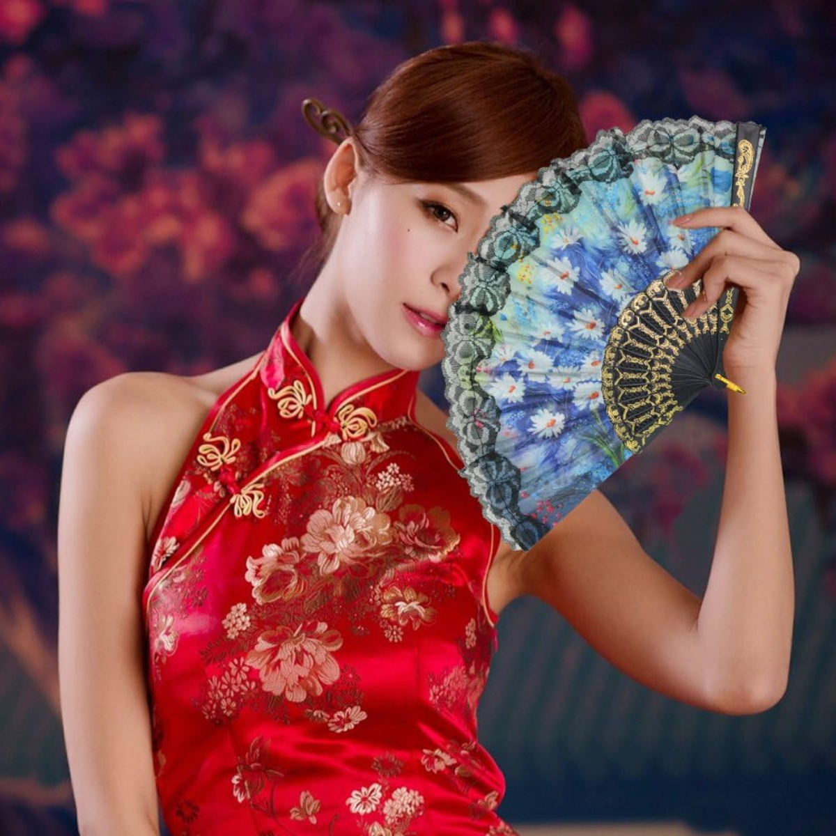 Black Silk Embroidered Floral Folding Hand Fan for Women – Lightweight Japanese Style Portable Fan for Wedding, Party, Dance & Travel