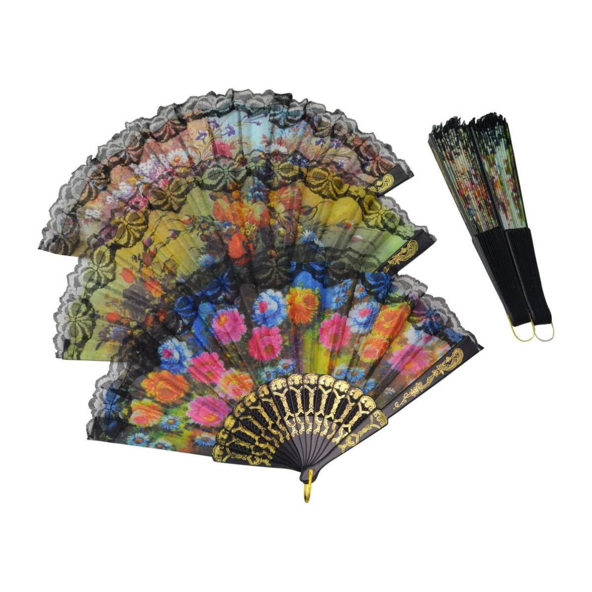 Black Silk Embroidered Floral Folding Hand Fan for Women – Lightweight Japanese Style Portable Fan for Wedding, Party, Dance & Travel