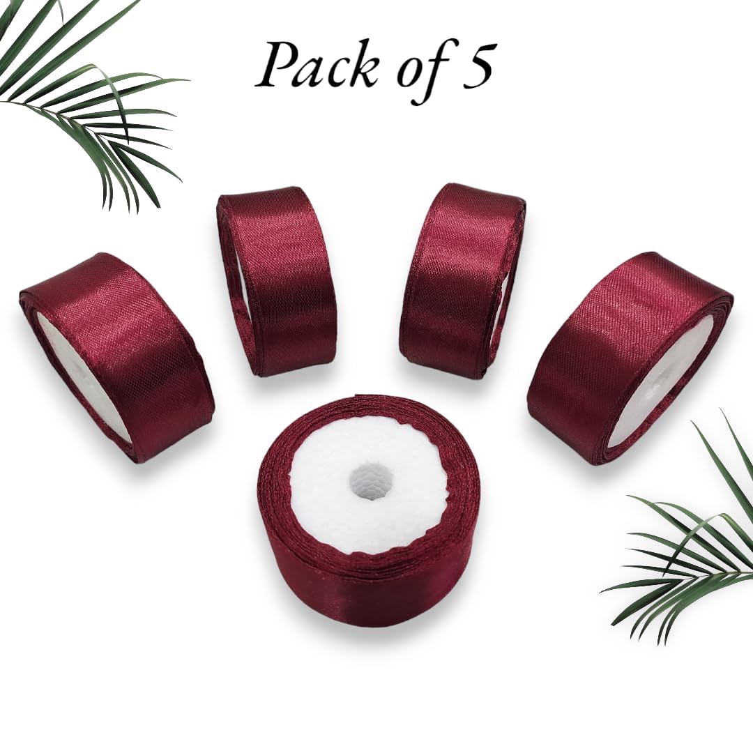 Satin Ribbon 1 Inch Roll Set (Pack of 5, Maroon) – 10 Meter Each