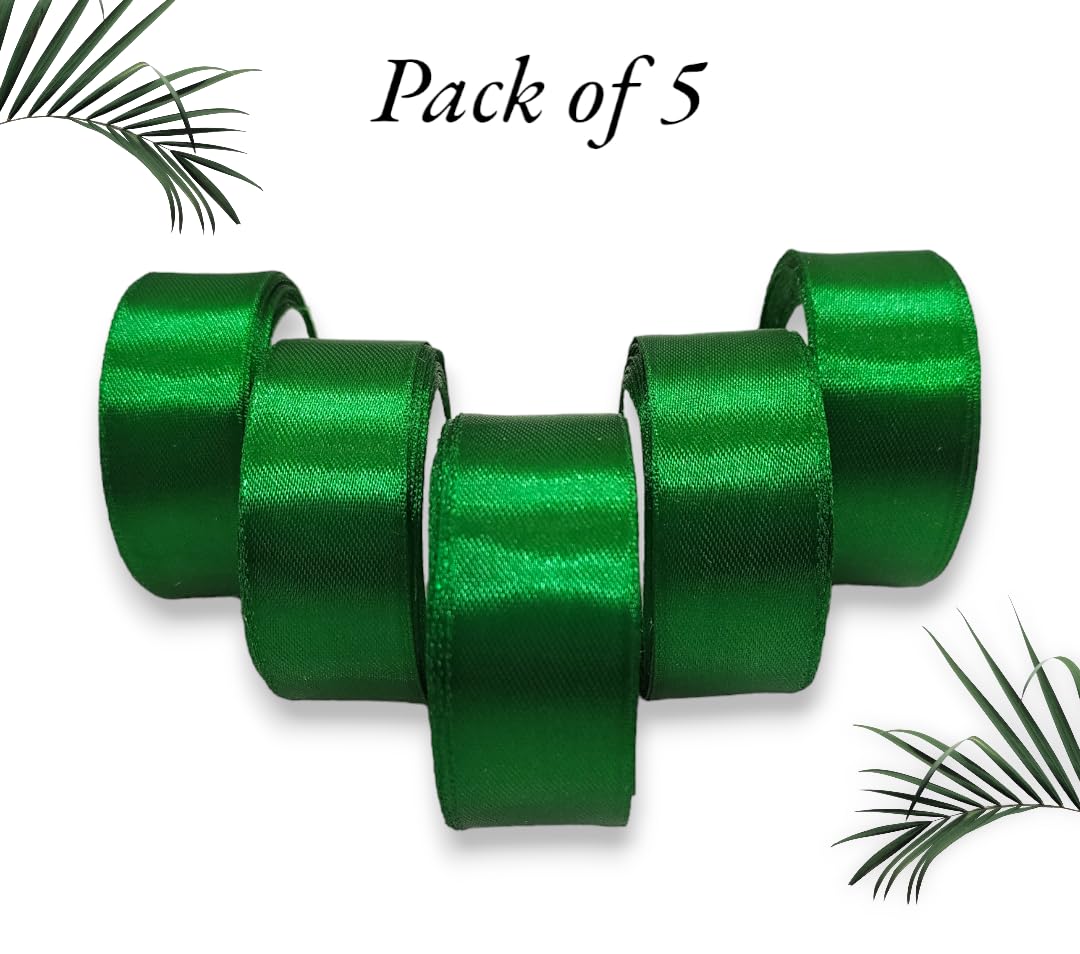 Satin Ribbon 1 Inch Roll Set (Pack of 5, Green) – 10 Meter Each