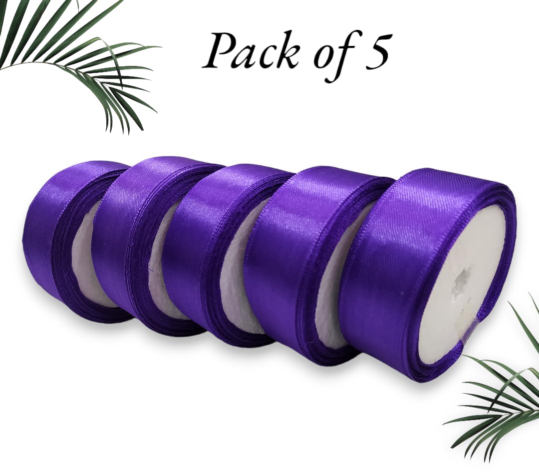 Satin Ribbon 1 Inch Roll Set (Pack of 5, Purple) – 10 Meter Each