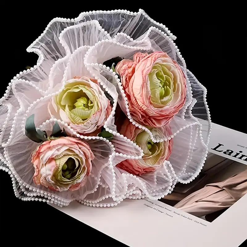Floral Mesh Roll Wrinkled Flower Wrapping Mesh Paper – White (Pearl Edge)