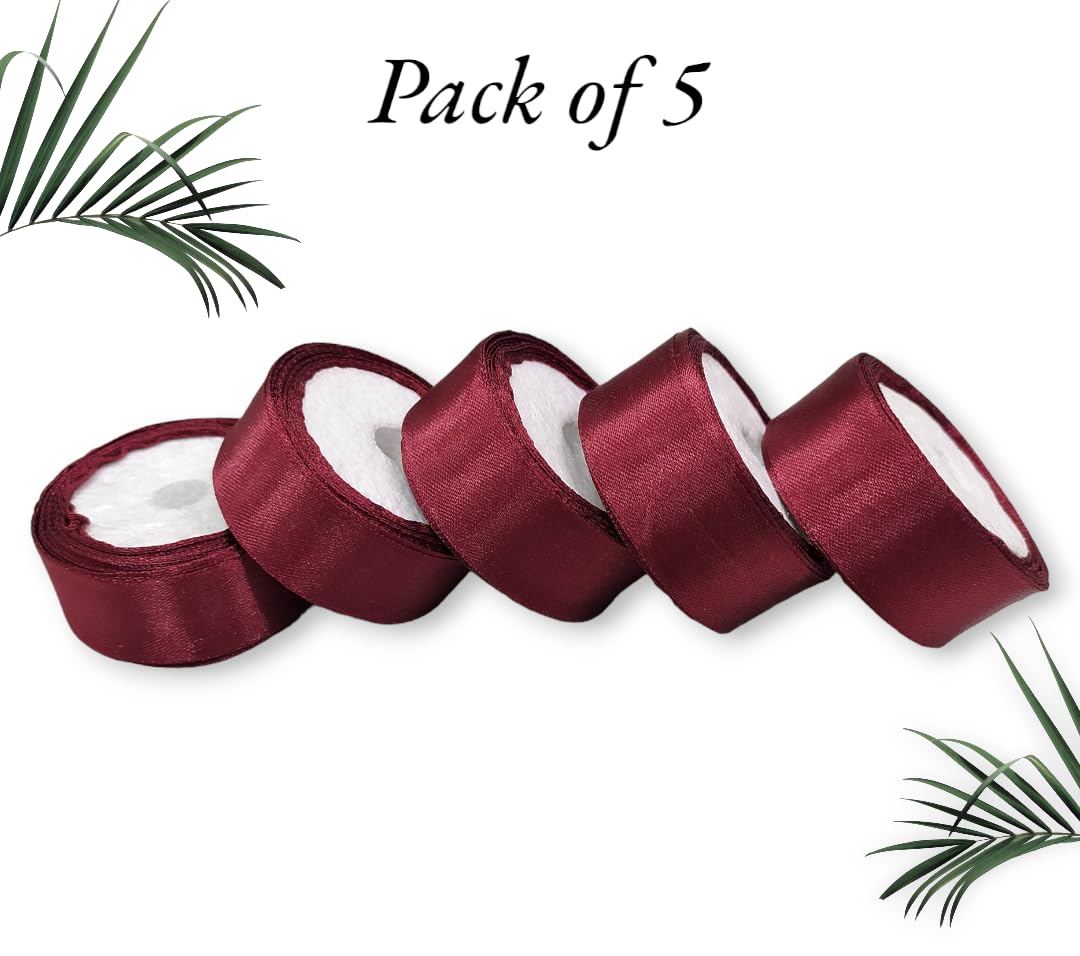Satin Ribbon 1 Inch Roll Set (Pack of 5, Maroon) – 10 Meter Each