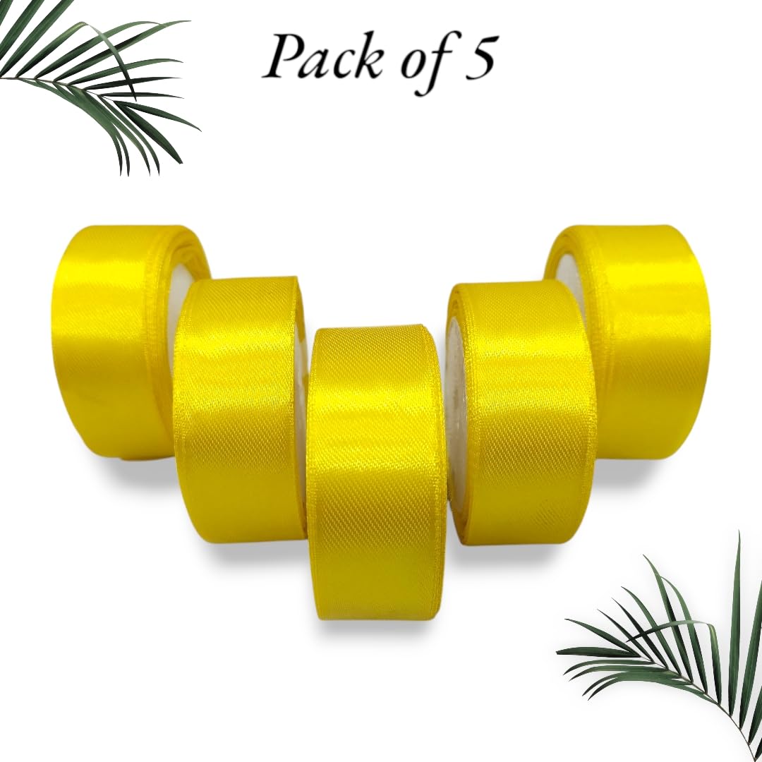 Satin Ribbon 1 Inch Roll Set (Pack of 5, Yellow) – 10 Meter Each