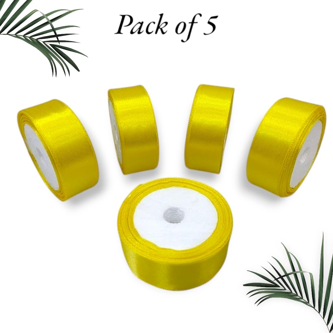 Satin Ribbon 1 Inch Roll Set (Pack of 5, Yellow) – 10 Meter Each