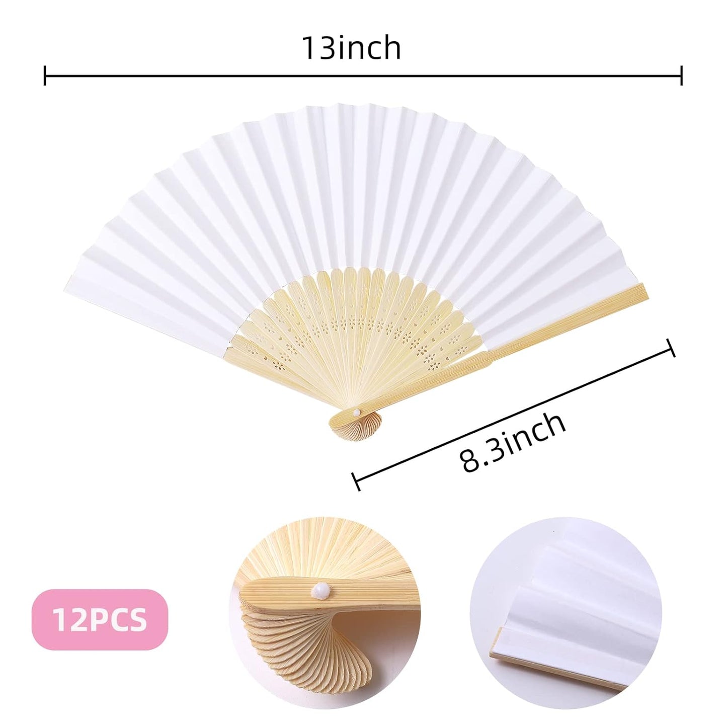 Pack of 2 Premium Plain White Paper Folding Hand Held Bamboo Fan (Authentic)