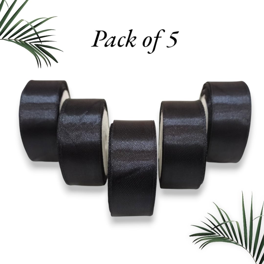Satin Ribbon 1 Inch Roll Set (Pack of 5, Black) – 10 Meter Each