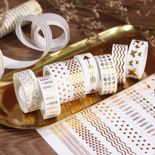 10 Decorative Washi Tape Set – Golden Printed | Gold Foil Design | Premium Craft & DIY Tape Rolls