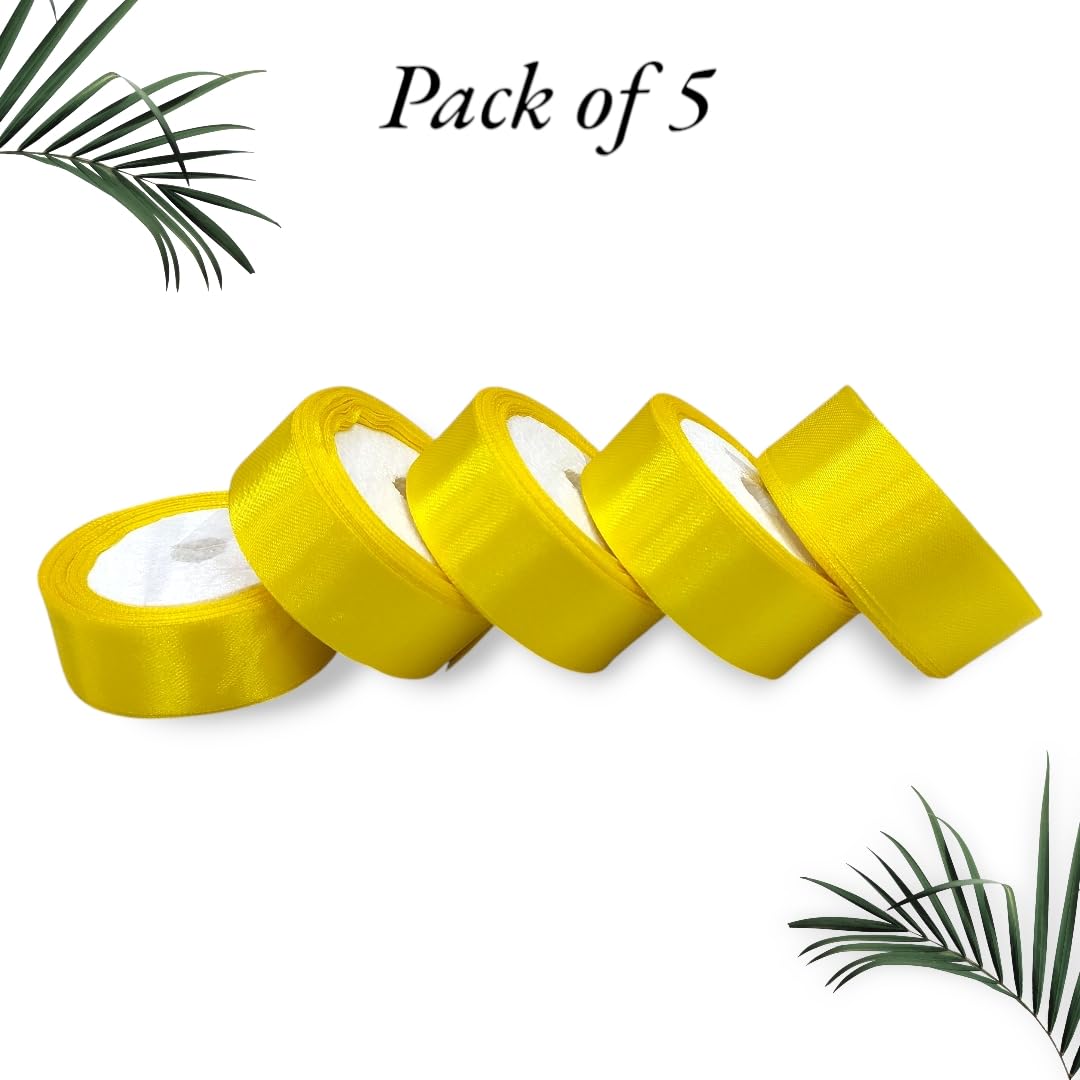 Satin Ribbon 1 Inch Roll Set (Pack of 5, Yellow) – 10 Meter Each