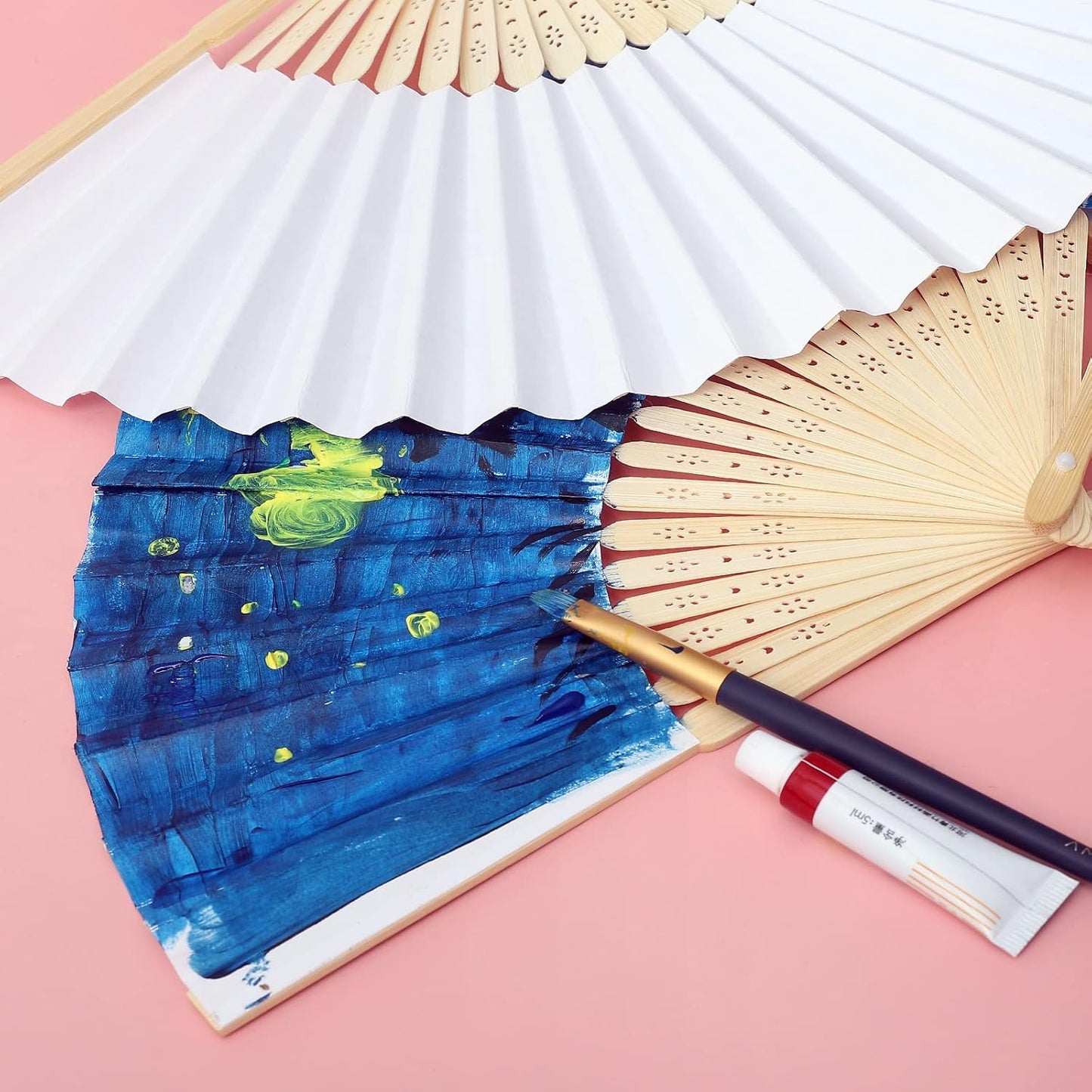 Pack of 2 Premium Plain White Paper Folding Hand Held Bamboo Fan (Authentic)