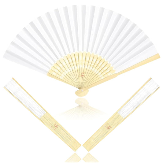 Pack of 2 Premium Plain White Paper Folding Hand Held Bamboo Fan (Authentic)
