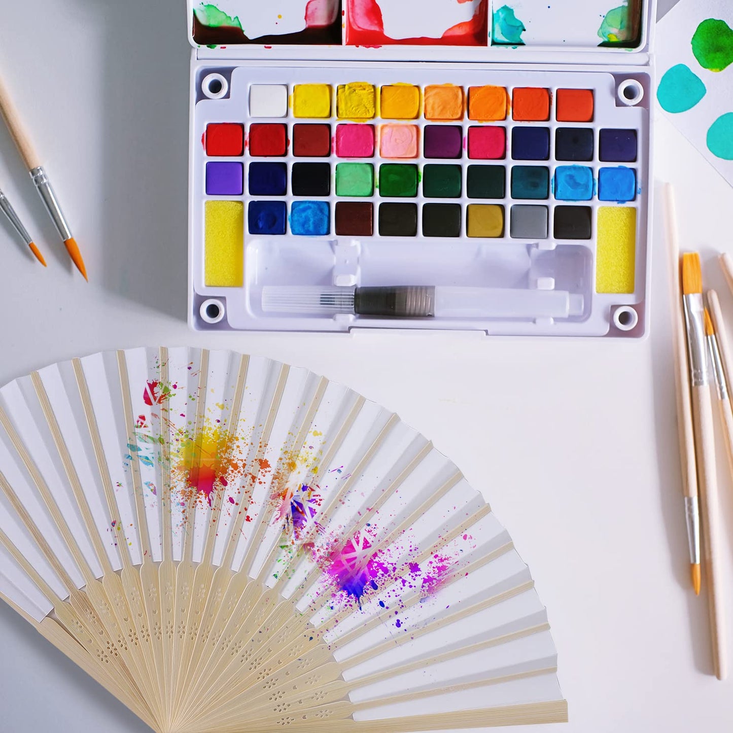 Pack of 2 Premium Plain White Paper Folding Hand Held Bamboo Fan (Authentic)